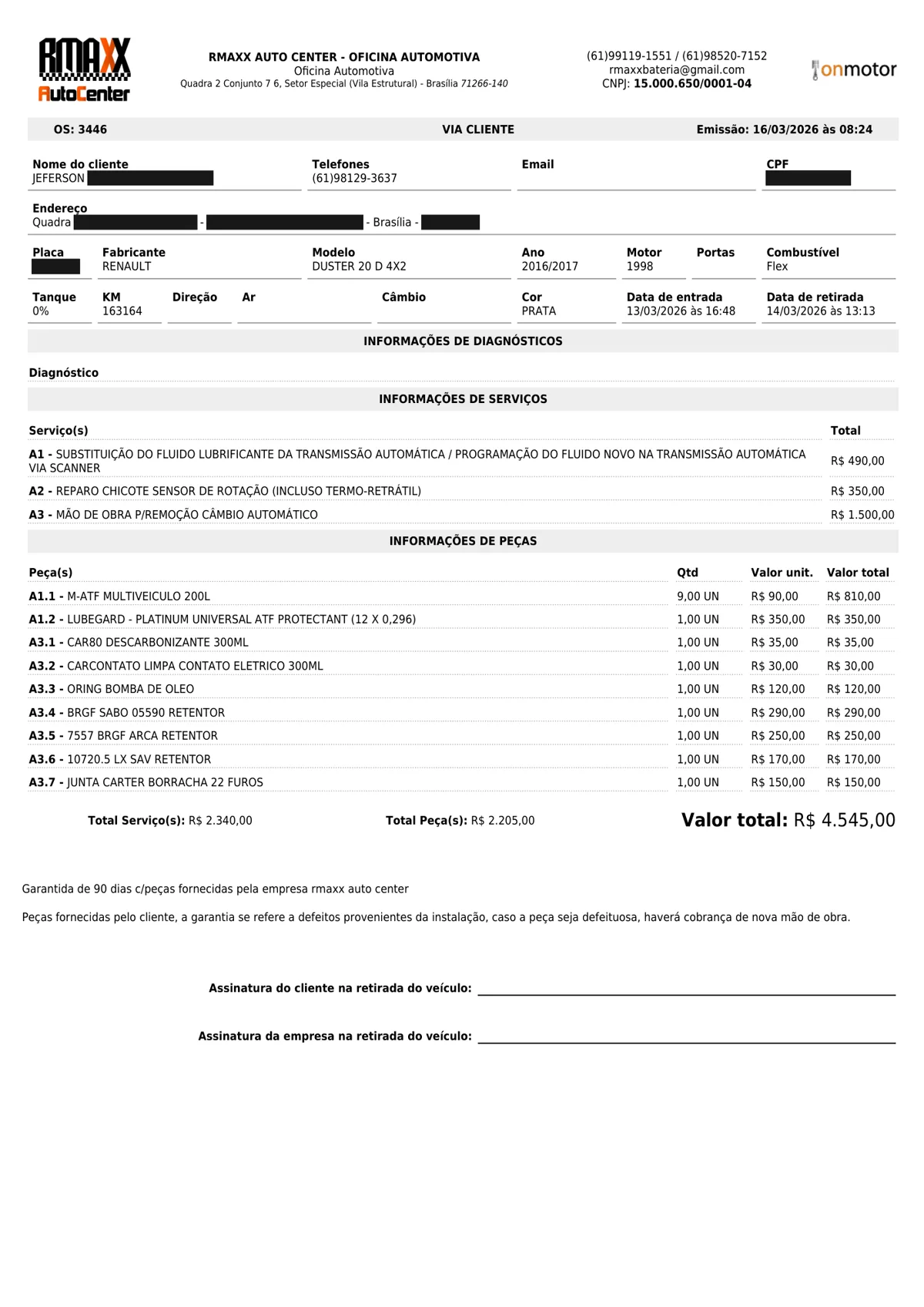 Ordem de serviço da RMAXX com troca do fluido do câmbio, março de 2026, R$ 4.545